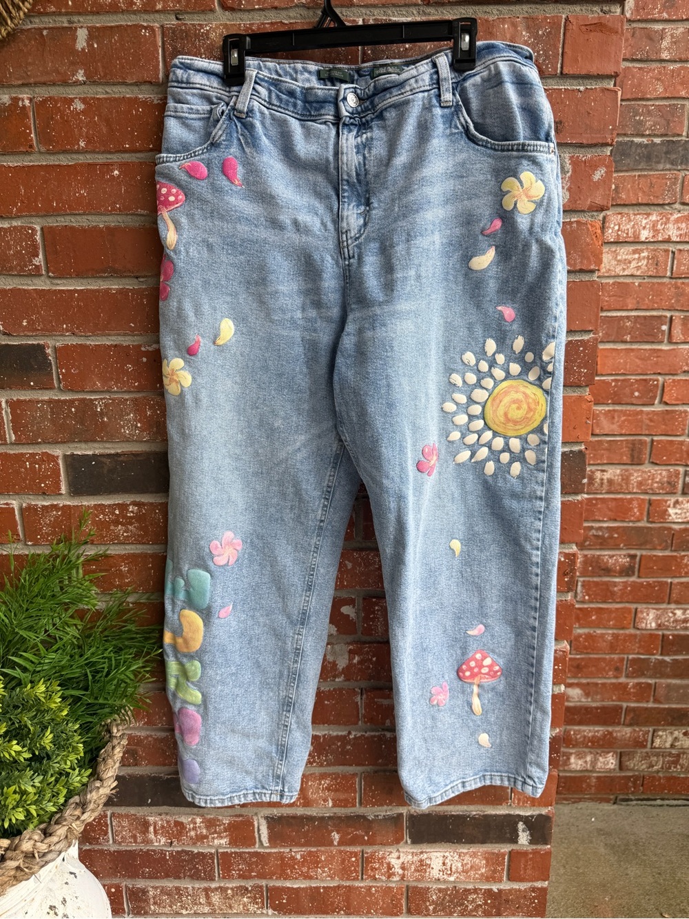 wild fable Light Wash Straight Leg Jeans with Hand-Painted Floral & Sun Motifs